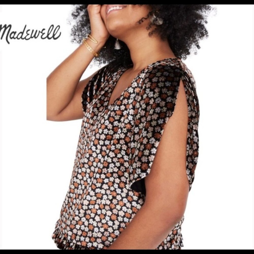 MADEWELL Velvet Tulip-Sleeve Ruffle Top S NWT